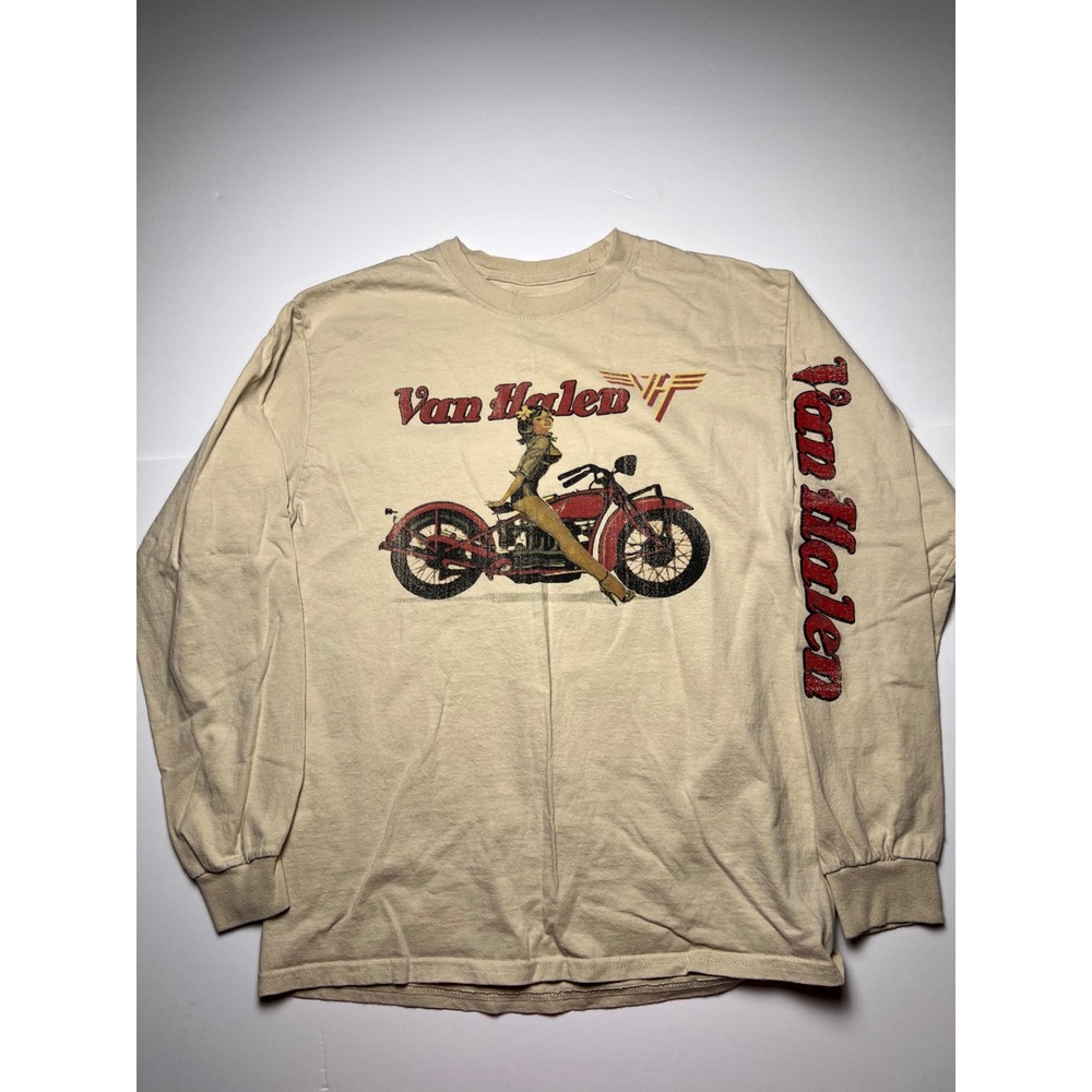 Van Halen Graphic Tee Men Medium Beige Long Sleeve Pin-up Motorcycle Rock Shirt